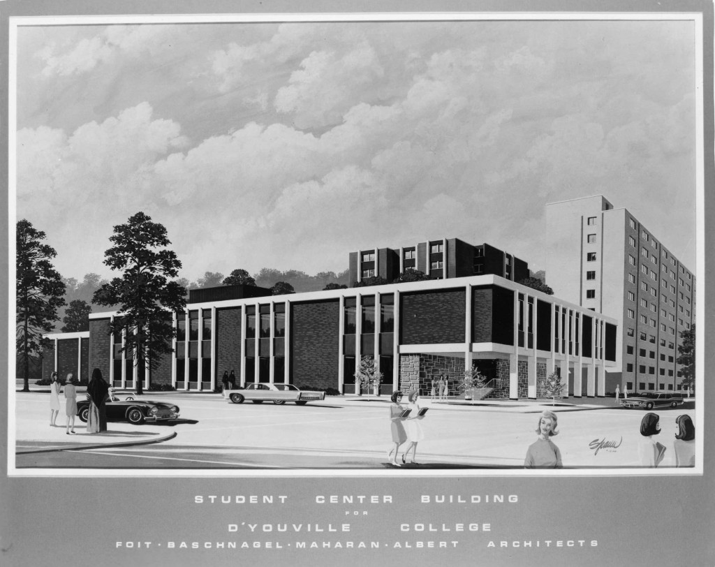 1968 Architect's sketch of College Center And Gymnasium