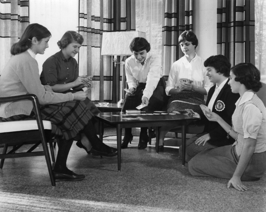 Students playing cards in Madonna lobby, 1959.