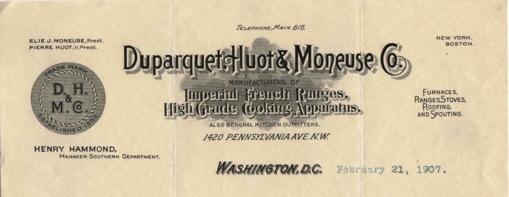 Duparquet, Huot, and Moneuse Company, Manufacturers of Imperial French Ranges, High Grade Cooking Apparatus, Washington DC
